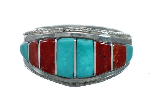 Turquoise and Coral Inlay Native American Sterling Silver Ring Size 8-1/4 NN20586